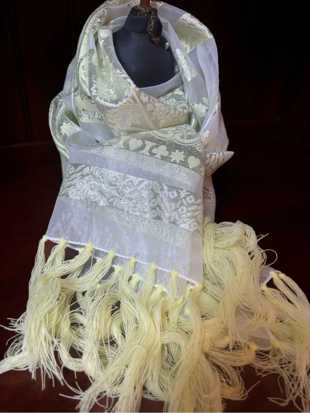 metallic zari brocade shawl featuring traditional intricate paisley (buta)
